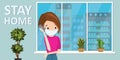 Woman stay at home, quarantine or self-isolation. Health care concept. Sick girl looks at window and speaks on smartphone