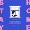 The woman stay home at the window to avoid covid-19 crisis on blue background illustration vector banner, stay home concept