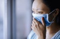 Woman staying at home wearing surgical mask