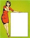 Woman stays next to blank white board. Pop art comics retro style vector illustration