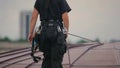 Woman steeplejack climbs down the dome