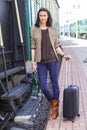 Woman on the steps of an old passenger rail car Royalty Free Stock Photo