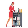 Woman Stewardess With Food Trolley. Female Air Hostess Profession Ensures Passenger Safety And Comfort, Vector