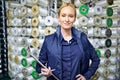 Woman, stock and plastic manufacturing with warehouse, industry and portrait for storage. Industrial inspector, factory Royalty Free Stock Photo