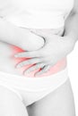 Woman with stomachache or menstrual red pain area on white