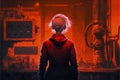 The woman stood with her back facing the viewer, gazing at a red glow emanating from gears in the old factory