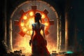 Woman stood with her back to the observer, contemplating a crimson light radiating from the gears in the factory