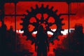 Woman stood with her back to the observer, contemplating a crimson light radiating from the gears in the factory