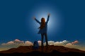 woman stood up and showed his hands on the top of the mountain happily with moon and blue sky background