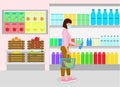 Woman in the store buys groceries. Girl with a trolley in grocery store. A young lady in a mask buys groceries. Vector