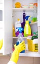 Woman storing cleaning tools in pantry Royalty Free Stock Photo