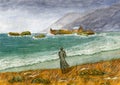 Woman by the stormy sea