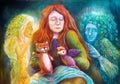 A woman story teller with puppets and protective spirits, fantasy imagination detailed colorful painting.