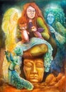 A woman story teller with puppets and protective spirits, fantasy imagination detailed colorful painting.