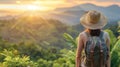 Woman in straw hat, backpack, admires sunset over mountains, summer solo travel concept