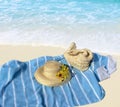 5 woman straw hat and bag wild pink flowers on blue blanket at white sand in beach blue sky and green sea water summer bakcgroun