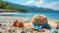 woman straw hat with blue bow and seashell on beach sand at mediterranean sea summer background copy space Royalty Free Stock Photo