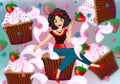 Woman and strawberry cupcakes