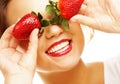 Woman with strawberry on the white background Royalty Free Stock Photo