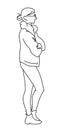 A woman in street clothes and glasses stands crossing hands and legs. Vector illustration of girl waiting somebody