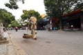 Woman street vendor walking in the road in hoi an vietnam