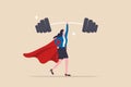 Woman strength powerful superhero, lady leadership or success female leader, pride, ambition, effort or business champion concept