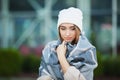 Woman stress. Beautiful sad desperate woman in winter coat suffering depression Royalty Free Stock Photo