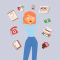 Woman in stress and panic vector illustration. Lady surrounded by calendar, shedule, brain storm and money problems