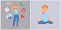 Woman in stress and panic vs relax yogi girl calm vector illustration. Lady surrounded by stress factors, shedule and