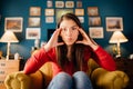 Woman stressing,overthinking events alone at home.Concentration problems.Brain/cognitive/neurological activity stimulation. Royalty Free Stock Photo