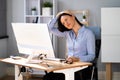 Woman Stretches At Office Desk. Stretch Exercise