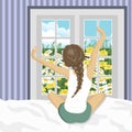 Woman stretching in bed after wake up. Concept for holidays and vacations. Summer mountain scenery. Flat Royalty Free Stock Photo