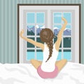 Woman stretching in bed after wake up. Concept for holidays and vacations. Summer mountain scenery