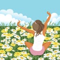 Woman stretching in field. Summer holiday and vacation concept