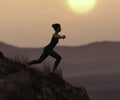 Woman stretching at sunset by the mountianside. Person is not real. She is a 3D render thus no model release is needed