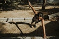 Woman stretching wile on a hike Royalty Free Stock Photo