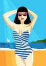 Woman in a striped bathing suit on the beach. Vector illustration Royalty Free Stock Photo