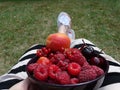 Woman in a striped dress sitting in the garden and eats fruits