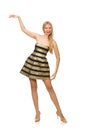 The woman in striped gold and black dress isolated on white