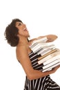 Woman striped stack of books head back laugh Royalty Free Stock Photo