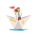 Woman in Striped Vest Boating with Flag in Paper Boat Vector Illustration