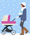 Woman with stroller going for a walk in a during lovely winter.young mother pushing baby trolley Royalty Free Stock Photo