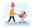 Woman with stroller going for a walk in a during lovely winter.young mother pushing baby trolley Royalty Free Stock Photo