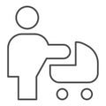 Woman with stroller thin line icon. Mother with baby pram or carriage symbol, outline style pictogram on white Royalty Free Stock Photo