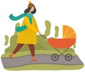 Female character in warm clothes walks through autumn park with baby stroller vector illustration Royalty Free Stock Photo