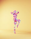 Woman Strong 1980s Abstract Fashion Model Leg Raised Arms Up Hands Behind Head Pose Pink Blue Purple Pixel Art Cube Block Voxels Royalty Free Stock Photo