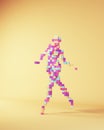 Woman Strong 1980s Abstract Fashion Model Striding Power Walk Pose Pink Blue Purple Pixel Art Cube Block Voxels Royalty Free Stock Photo