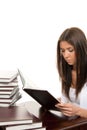 Woman student reading and studying book