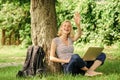 Woman student sit on grass while study. Nature essential wellbeing and ability be productive. Work in summer park. Girl