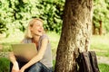 Woman student sit on grass while study. Work in summer park. Nature essential wellbeing and ability be productive. Girl